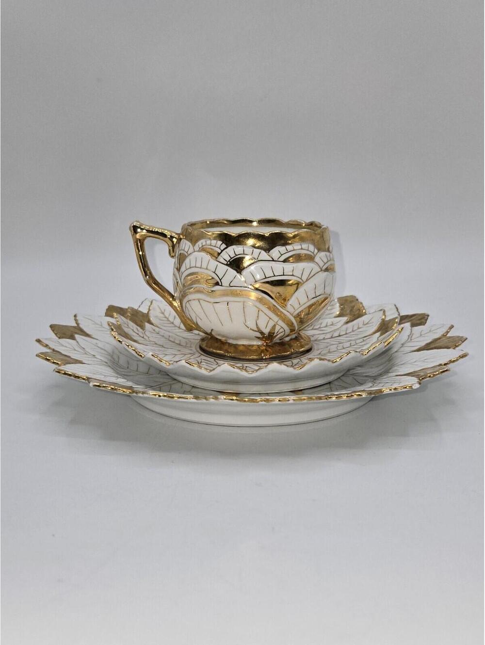 Bavarian Porcelain Tea Cup Saucer Plate Gold Gilt Leaf Pattern Germany
